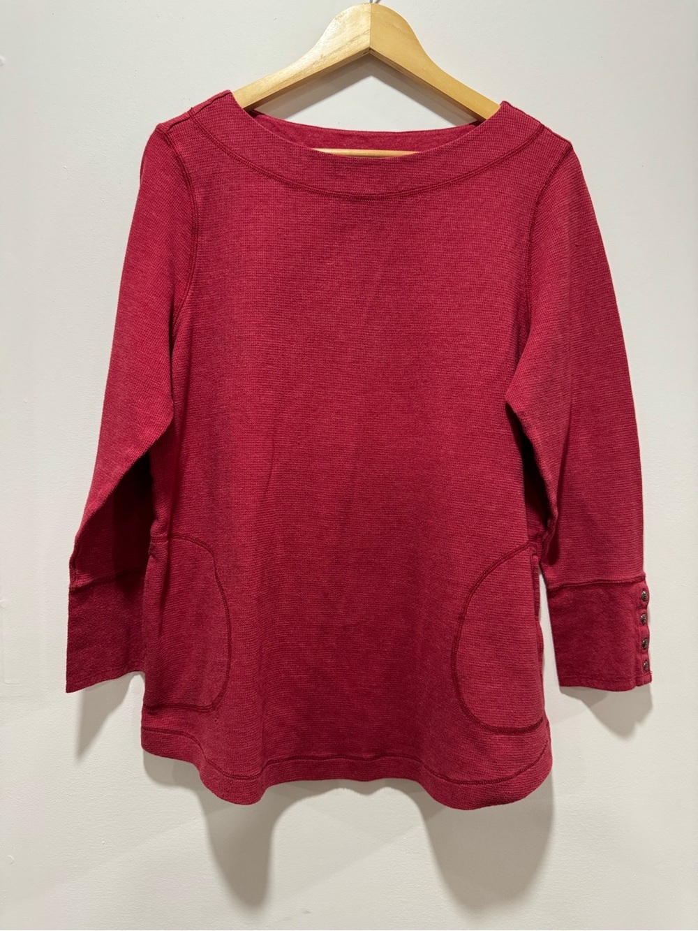 J.Jill Red Waffle Knit Boat Neck Tunic Button Sleeve Thermal Top Size XL